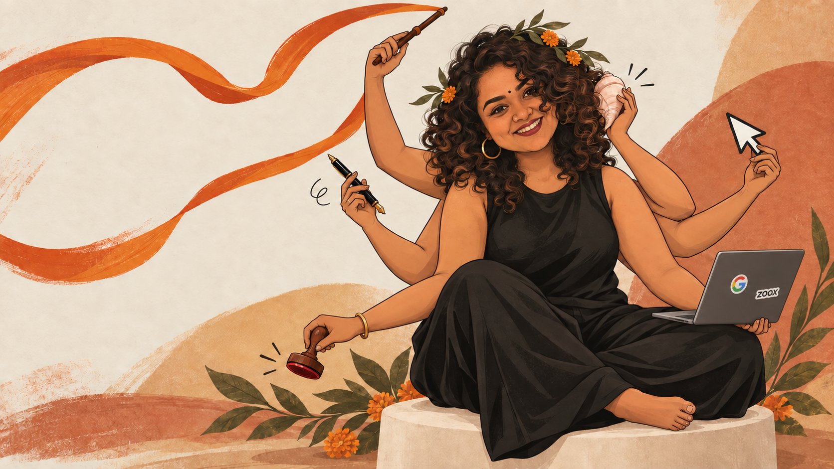 Divya illustrated with six arms, seated with the objects that represent her creative practice.